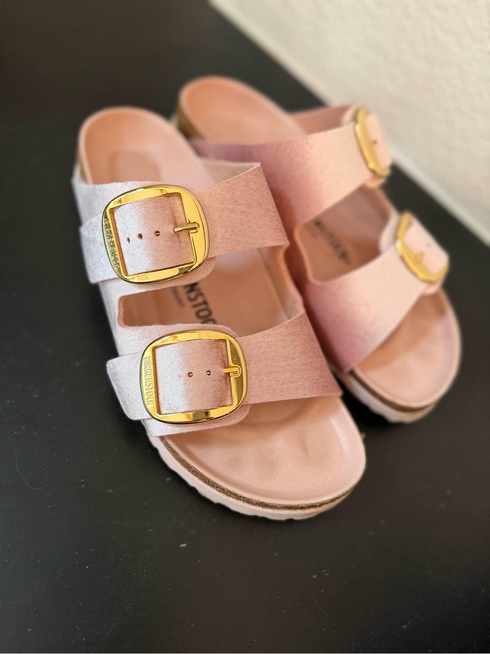 Birkenstock Arizon Pink Velvet Dual-Buckle Slide Sandals with Gold Buckles